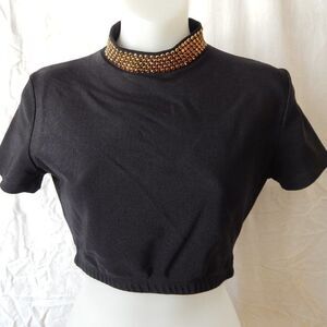 Dance France Women’s Medium Black Ribbed Crop Top Orange Crystal Design
